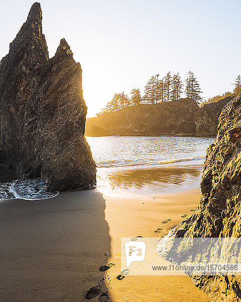Rock formations along beach  Oregon  USA