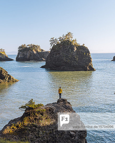 Man overlooking rugged coastline  Oregon  USA