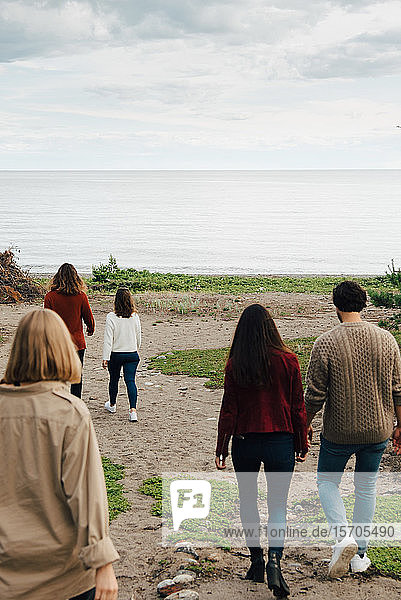 Rear view of friends walking towards sea against sky