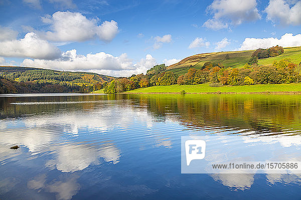 Blick auf die Herbstfarben am Ladybower Reservoir  Derbyshire  Peak District National Park  England  Vereinigtes Königreich  Europa