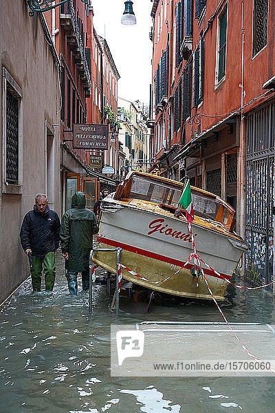 Stranded taxi boat during the high tide in Venice  November 2019  Venice  UNESCO World Heritage Site  Veneto  Italy  Europe