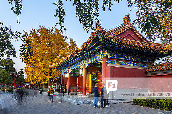 Blick auf Herbstfarben und Souvenirladen im Jingshan-Park in der Abenddämmerung  Xicheng  Peking  Volksrepublik China  Asien