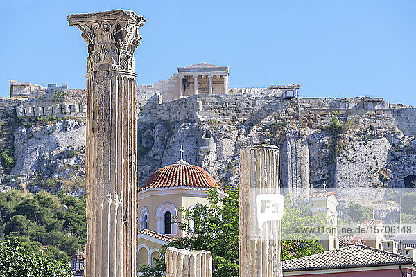 Acropolis including Library of Hadrian columns, Athens, Greece, Europe