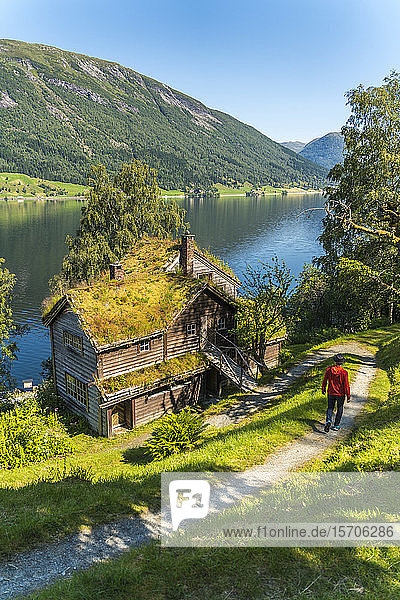Tourist auf dem Fußweg im alten Astruptunet-Hofkomplex  Jolster  Sunnfjord  Provinz Sogn og Fjordane  Norwegen  Skandinavien  Europa