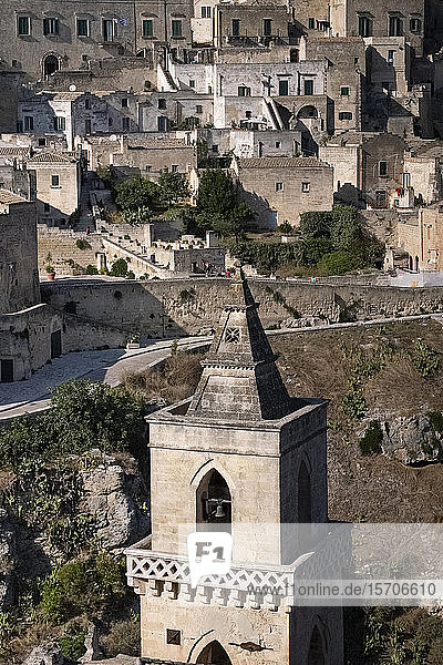Italy  Basilicata  Matera  View of old town with San Pietro Caveoso bell tower