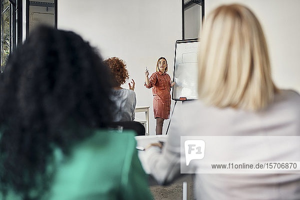 Businesswoman leading a presentation at flip chart in conference room