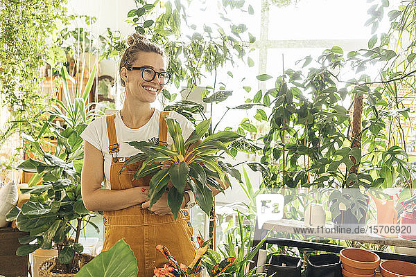 Glückliche junge Frau mit einer Pflanze in einer kleinen Gärtnerei
