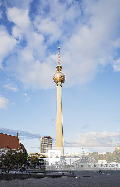 Germany Berlin Low angle view of Berlin TV Tower standing against clouds