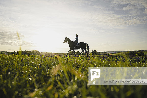 Frau reitet bei Sonnenuntergang auf einem Feld auf dem Land