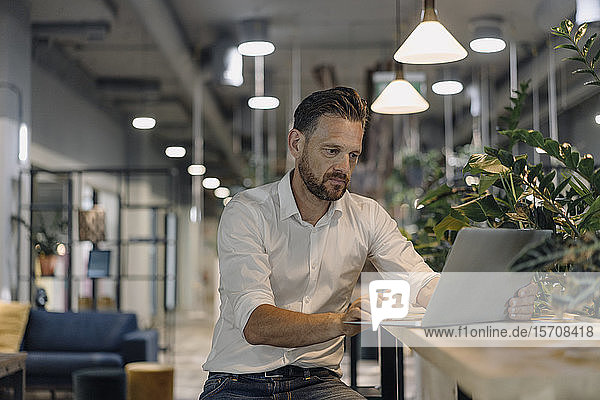 Reifer Geschäftsmann mit Laptop in moderner Büro-Lounge
