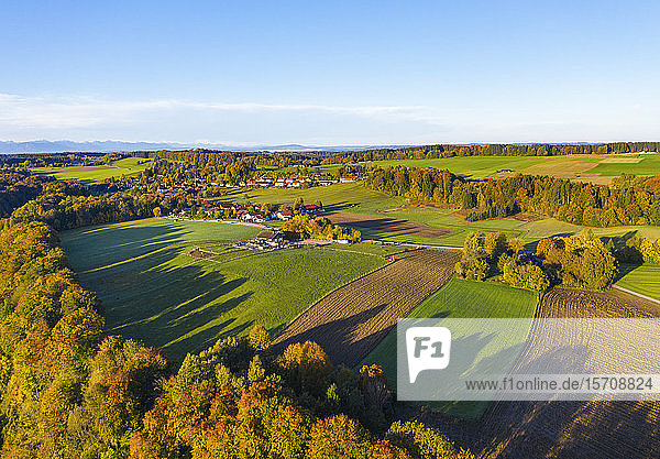 Germany Bavaria Upper Bavaria Dorfen Aerial view of green fields
