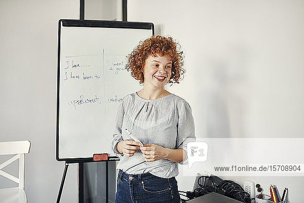 Smiling businesswoman leading a presentation at flip chart in conference room