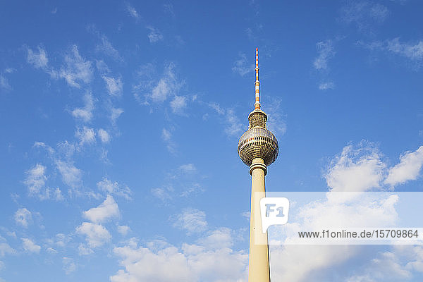 Germany Berlin Low angle view of Berlin TV Tower standing against clouds