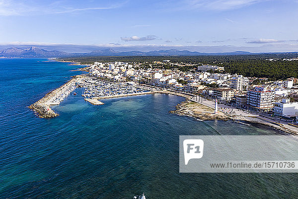 Spain Mallorca Aerial view of Can Picafort resort in summer