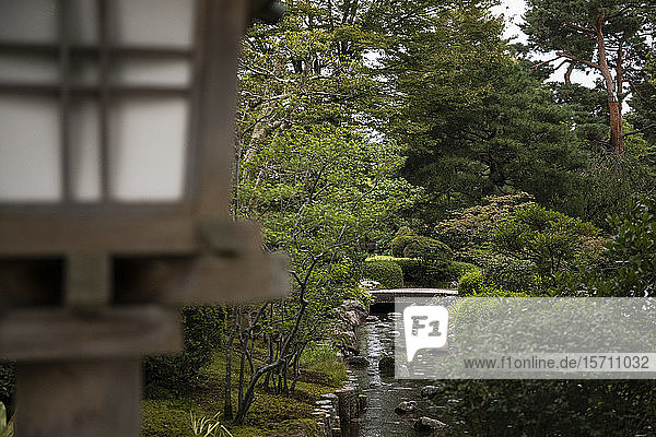 Japan  Präfektur Ishikawa  Kanazawa  Teich und Holzlaterne im Garten von Kenroku-en