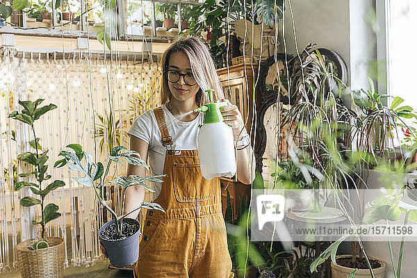 Junge Frau  die in einem kleinen Laden Pflanzen pflegt