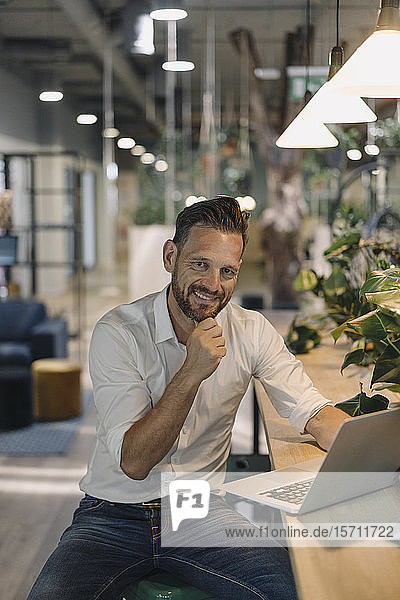 Portrait of smiling mature businessman using laptop in modern office lounge