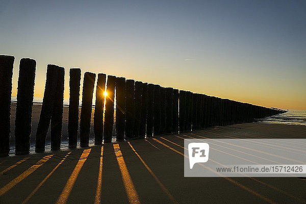 Niederlande Cadzand-Bad Strand mit Wellenbrecher bei Sonnenuntergang