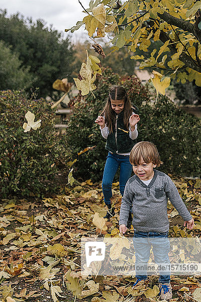 Kleine Jungen und Mädchen spielen im Herbst mit Blättern