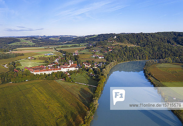 Germany Bavaria Gars am Inn Aerial view of river Inn and Gars Abbey