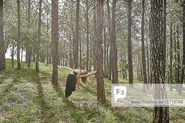 Barfüßige junge Frau macht Dehnübungen im Wald