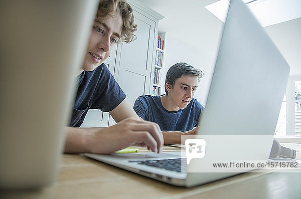 Two teenage boys using laptop and tablet on table at home