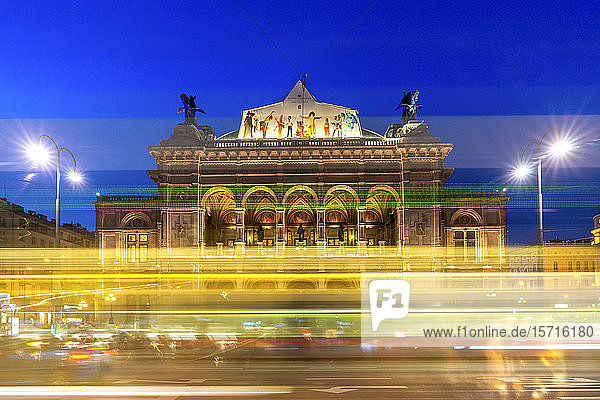 Austria  Vienna  Exterior of Vienna State Opera illuminated at night