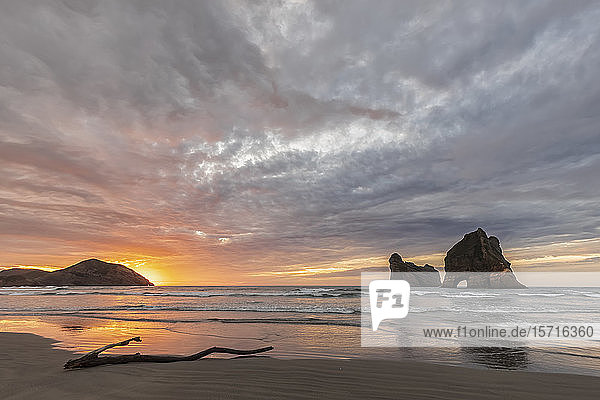 Neuseeland  Südinsel  Tasmanien  Wharariki Beach und Archway Islands bei Sonnenuntergang