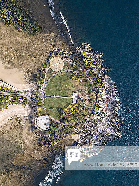 Indonesia Bali Nusa Dua Aerial view of path and buildings at ocean coastline