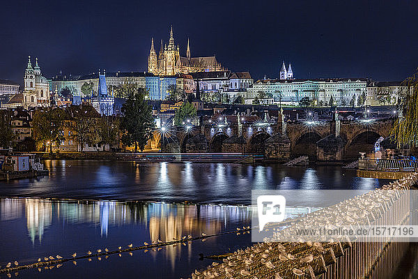Czech Republic  Prague  Prague Castle and surrounding buildings seen from Charles Bridge at night