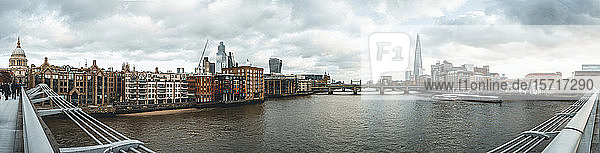 UK  England  London  Panorama of River Thames and surrounding city buildings seen from Millennium Bridge