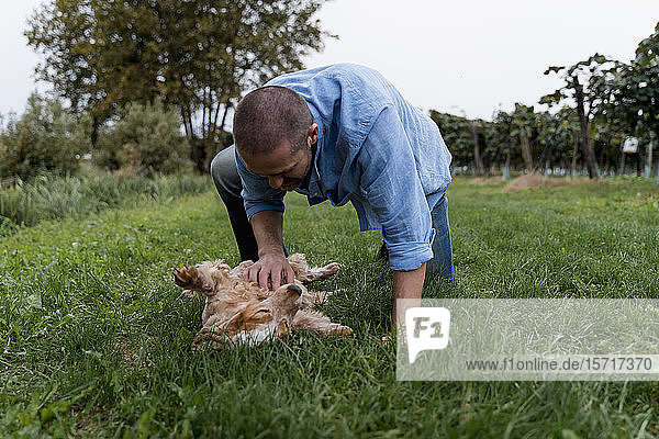 Mann spielt mit seinem Hund auf einer Wiese