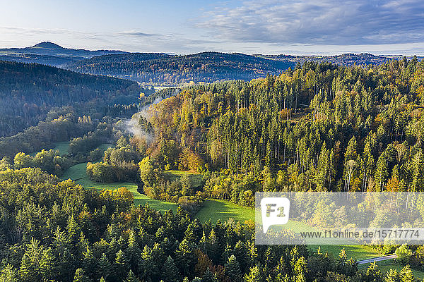 Germany  Baden-Wurttemberg  Aerial view of Haselbach Valley in Swabian-Franconian Forest