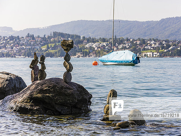 Switzerland  Canton of Zurich  Zurich  Rock stacks on shore of Lake Zurich