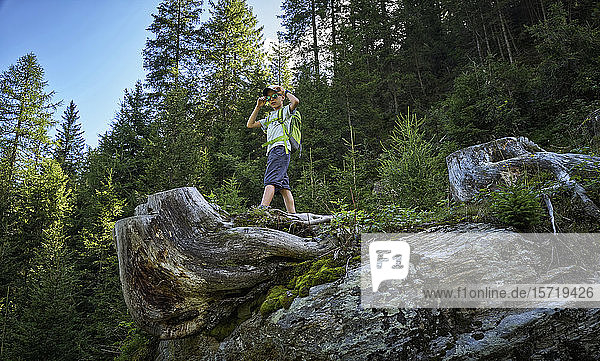 Junge auf Baumstamm stehend während einer Wanderung in alpiner Landschaft  Passeiertal  Südtirol  Italien