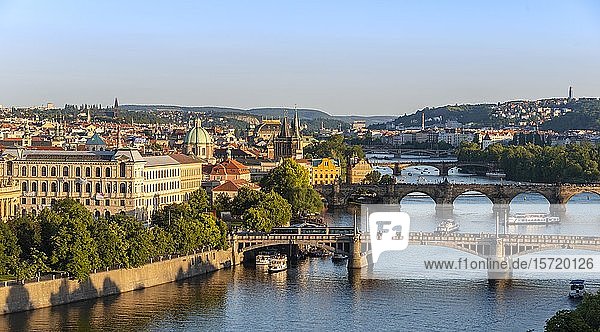 City view with bridges over the Vltava River  Charles Bridge with Old Town Bridge Tower  Prague  Bohemia  Czech Republic  Europe