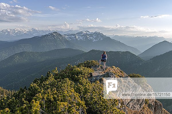 Hiker looks over mountain landscape  Hiking trail of the Herzogstand Heimgarten crossing  Upper Bavaria  Bavaria  Germany  Europe
