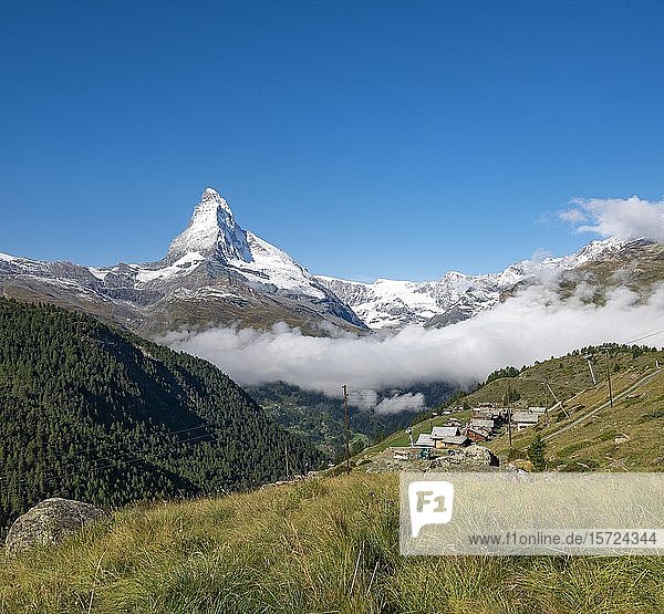 Snow-covered Matterhorn  mountain village with wooden houses  Eggen  Valais  Switzerland  Europe