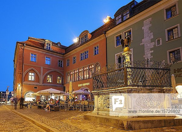 Egle fountain and House Heuport Herb Market Old Town Regensburg Upper Palatinate Bavaria Germany Europe