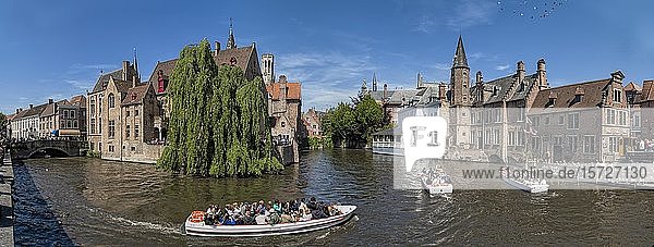 Canal with excursion boats  Rozenhoedkaai  Rosary quay  Panorama  Bruges  Belgium  Europe