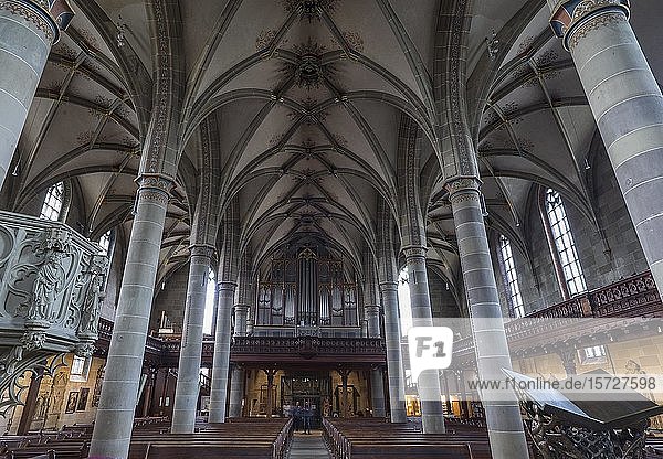 Innenraum mit Orgelempore  gotisches Gewölbe  1495-1525  St. Michaelskirche  Schwäbisch Hall  Baden-Württemberg  Deutschland  Europa