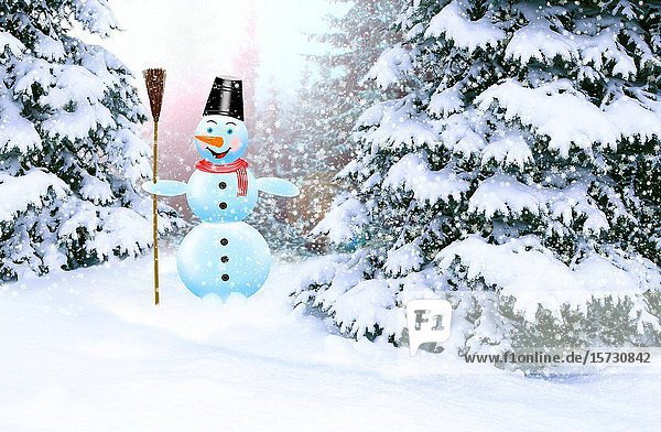 Joyful snowman in winter forest. New Year eve. Fabulous snowman in forest. Beautiful landscape with snowman in winter forest. Snowing in wood. Spruces covered by white snow in wood.