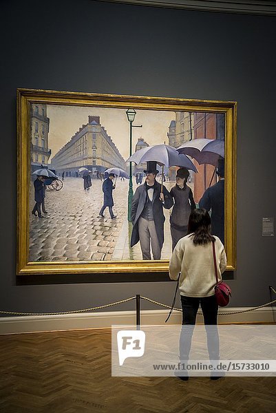 Visitor looking at Gustave Caillebotte painting 'Paris Street  Rainy Day'  1877  The Art Institute of Chicago  Chicago  Illinois  USA.