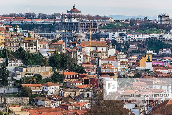 Aerial view from Crystal Palace Gardens on the Old Town of Porto city  Portugal. Monastery of Serra do Pilar in Vila Nova de Gaia city on background.