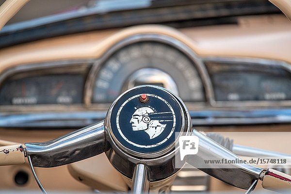 The steering wheel of a classic Pontiac muscle car   Havana  Cuba.