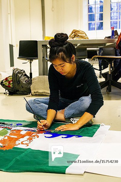 Rotterdam Netherlands. Member of Extinction Rebellion producing banners to be used in XR's actions and protest marches.