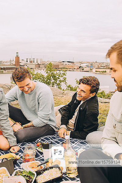 Glückliche männliche Freunde genießen das Essen beim Picknick gegen den Himmel
