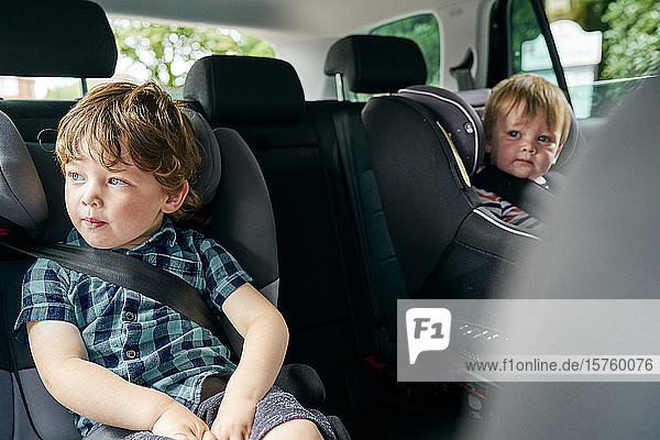 Brothers strapped onto child car seats in the back seat of a family car.