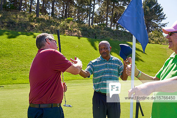Männliche Golfer schütteln sich am Pin auf einem sonnigen Golfplatz die Hände