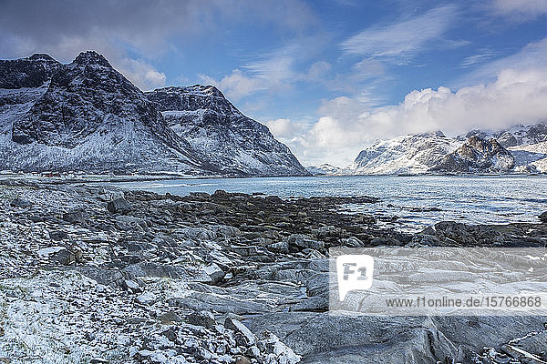 Tranquil snow covered mountains Vareid Lofoten Norway